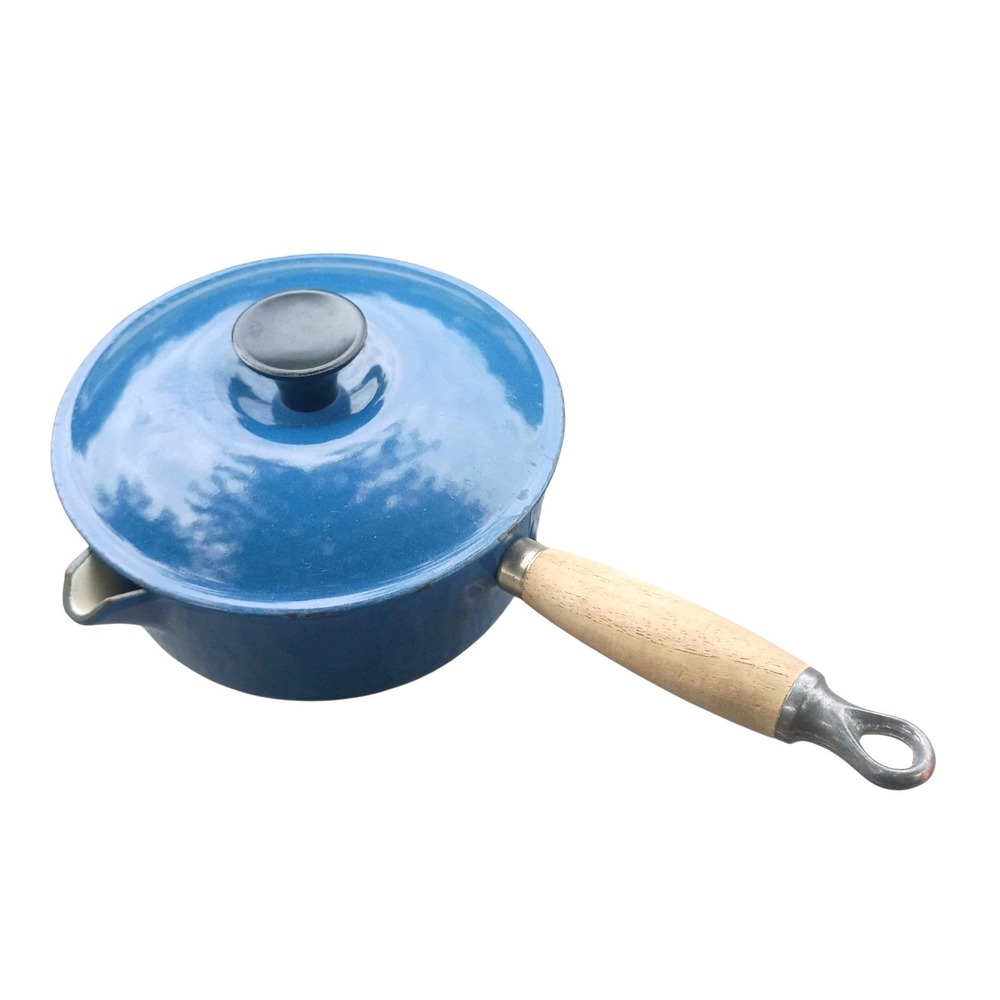 Le Creuset 7" Saucepan Pot Blue Enamel Cast Iron Wood Handle W/Lid France #18